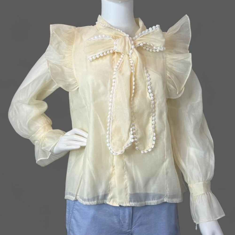 Vintage 70s 80s Yellow Pearl Blouse with ruffled collar and pearl trim